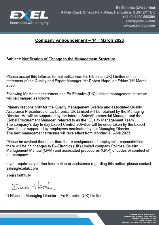 Ex-Eltronics Company Announcement regarding the change of management as of 1 April 2023 due to the retirement of Mr Robert Hope